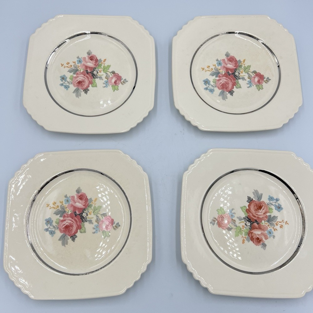 Universal‎ Potteries Mount Vernon Plates Pink Rose Floral Square 7" Set of 4